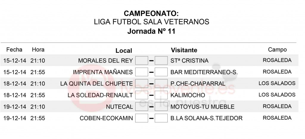 horarios jornada 11 veteranos futbol sala benavente