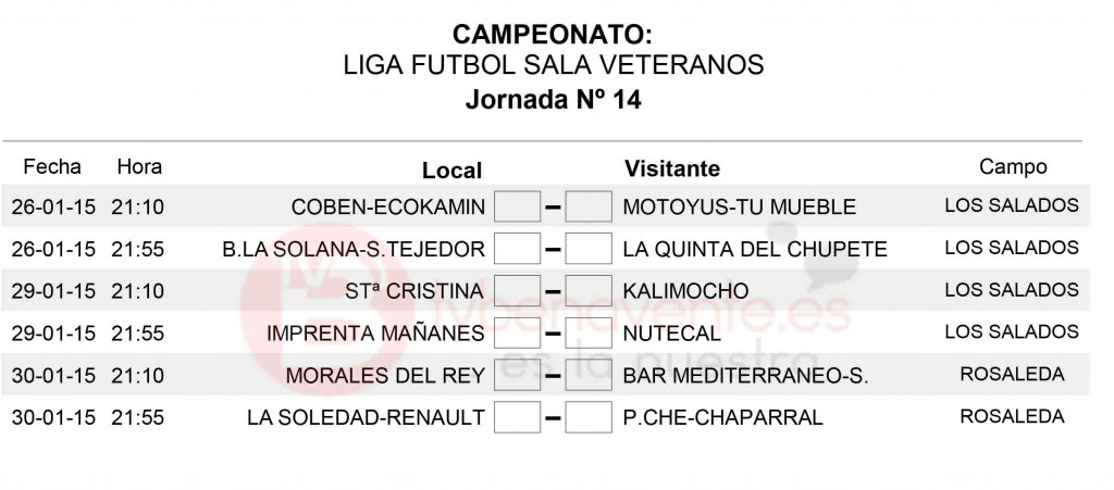 horarios jornada 14 veteranos futbol sala