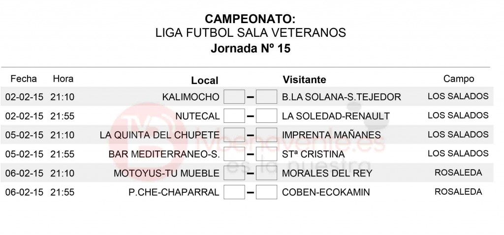 horarios jornada 15-veteranos futbol sala benavente