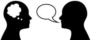 Vector illustration of people who think and talk, simbol or icon of head with thought and speach bubble